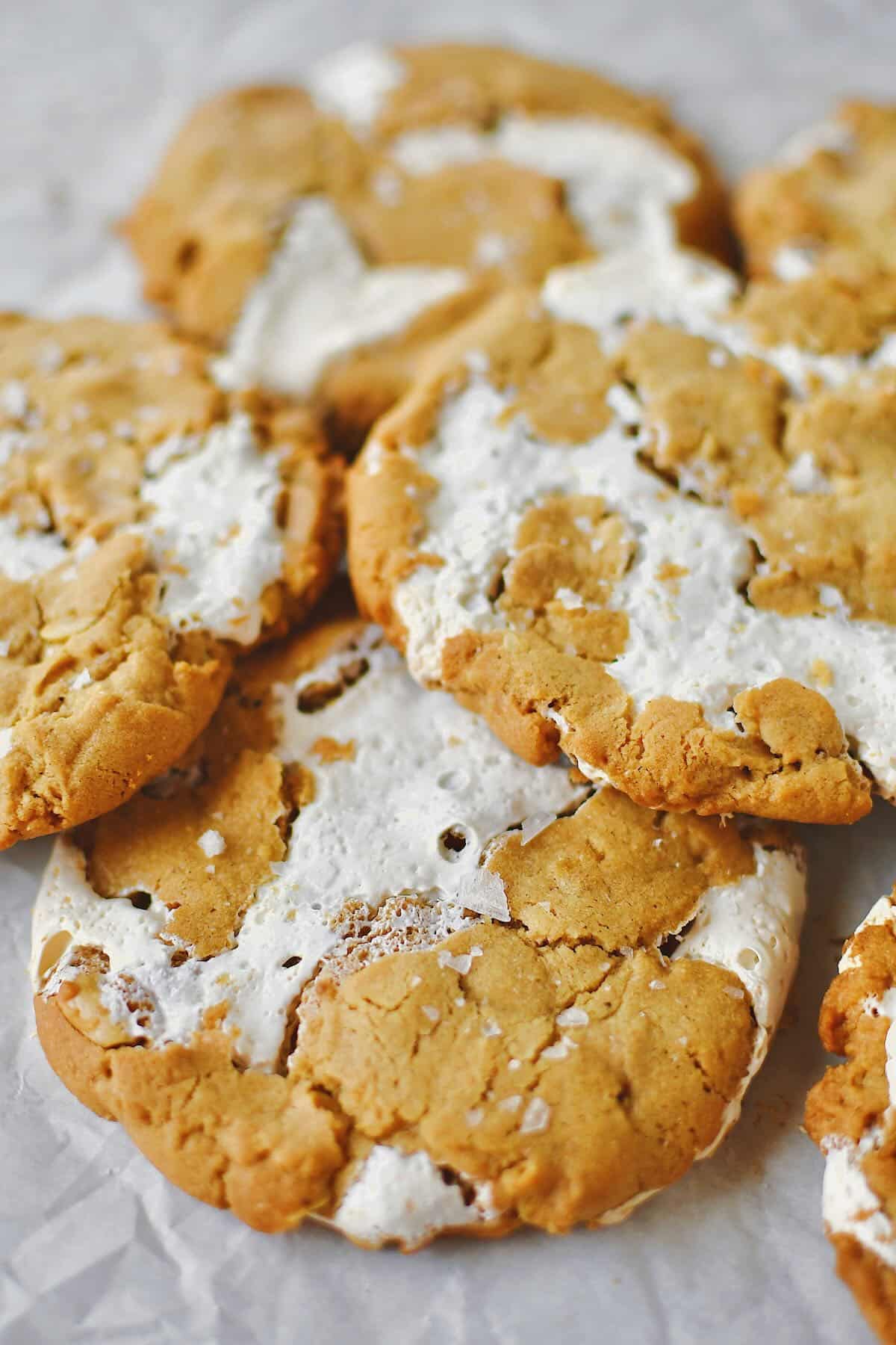 Fluffernutter Cookies fresh from the oven, topped with some flakey salt and ready to eat!