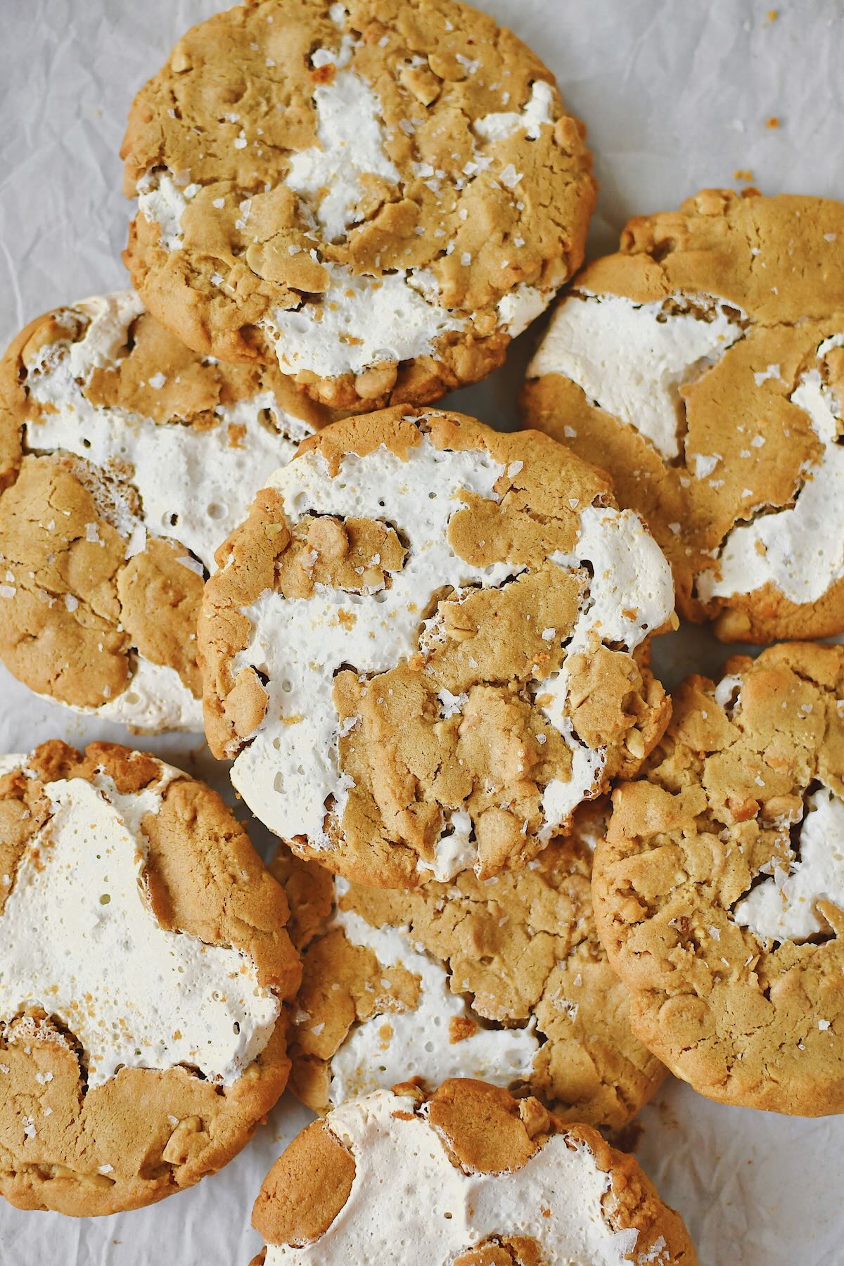 Fluffernutter Cookies fresh from the oven, topped with some flakey salt and ready to eat!