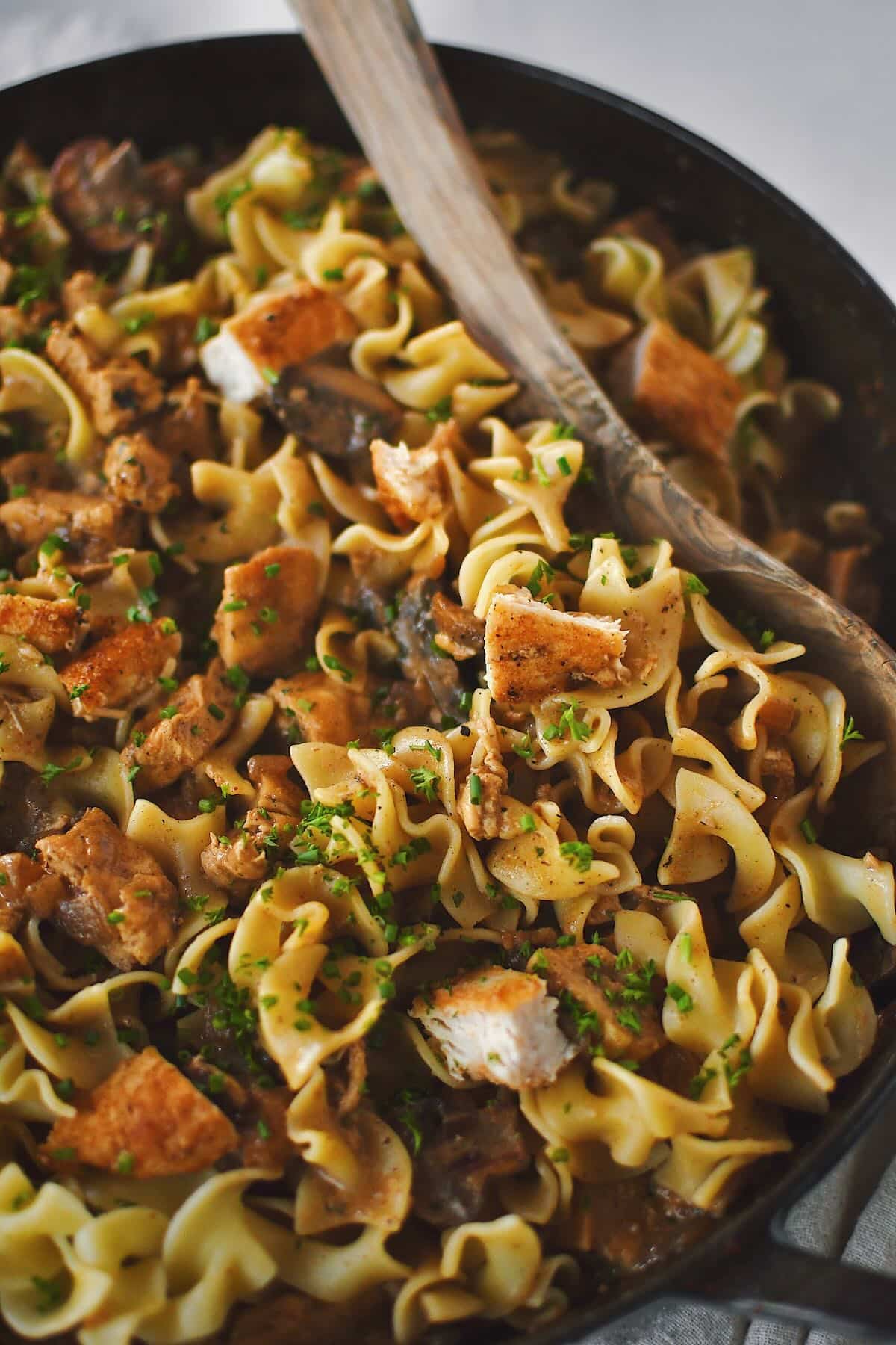 Chicken Stroganoff completed and tossed with the pasta in the pan, ready to dish out and eat.