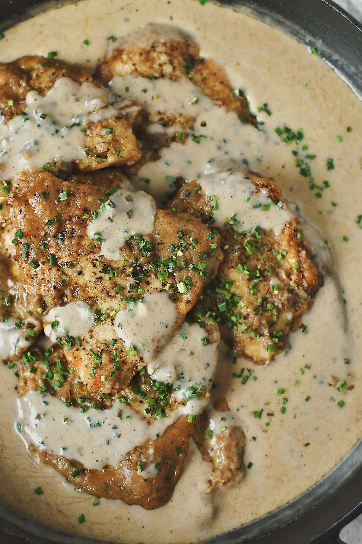 Irish Chicken in Whiskey Cream Sauce fully cooked and resting in the sauce, ready to be served.