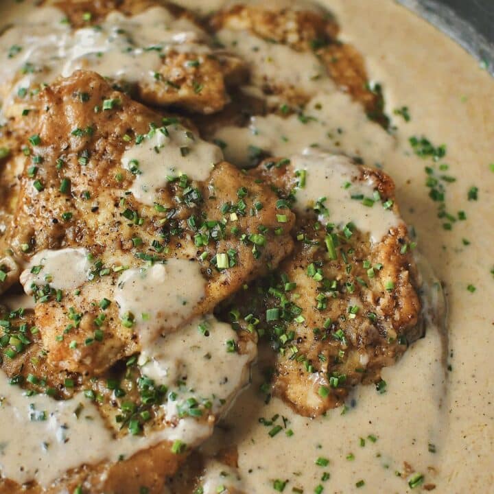Irish Chicken in Whiskey Cream Sauce fully cooked and resting in the sauce, ready to be served.
