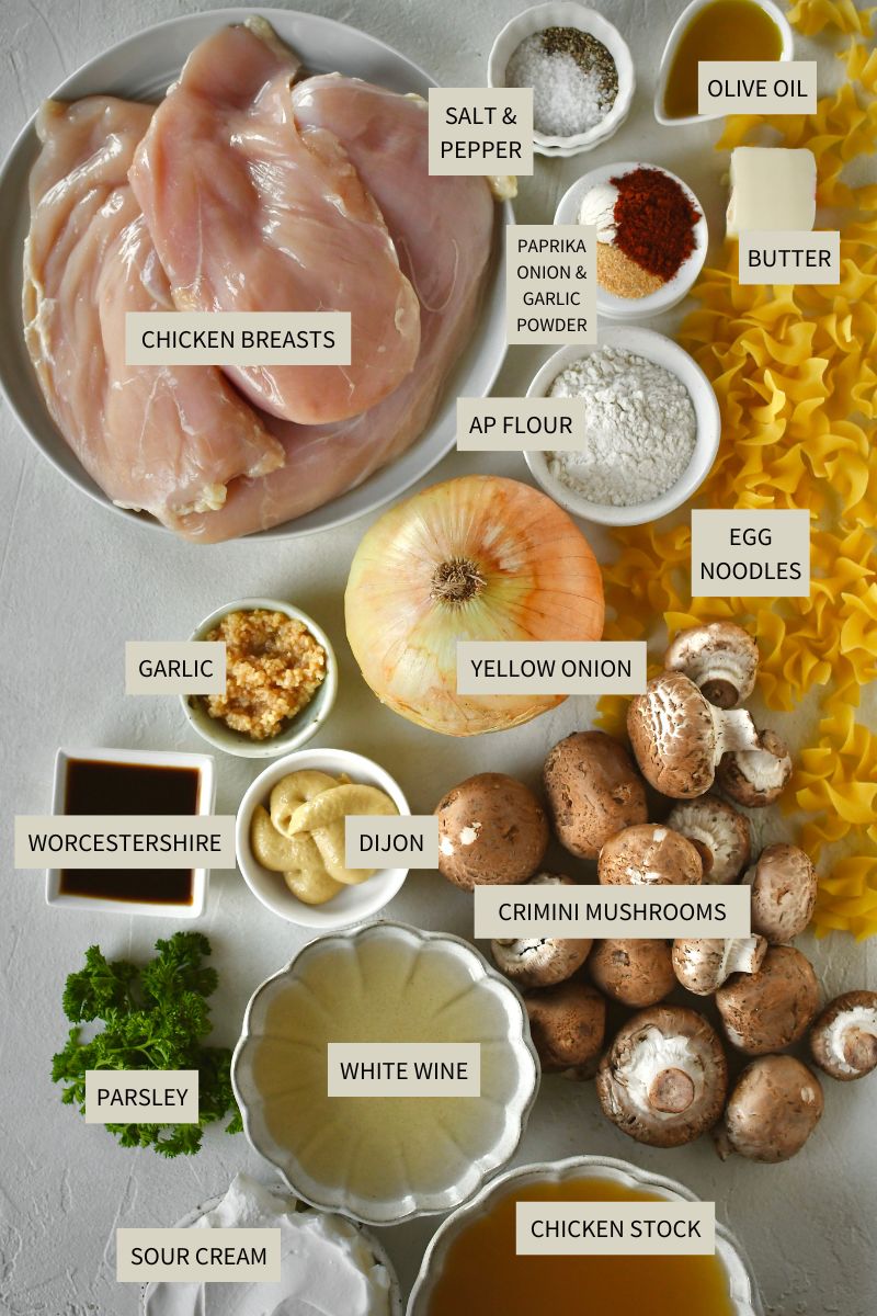 Ingredients needed to make Chicken Stroganoff.