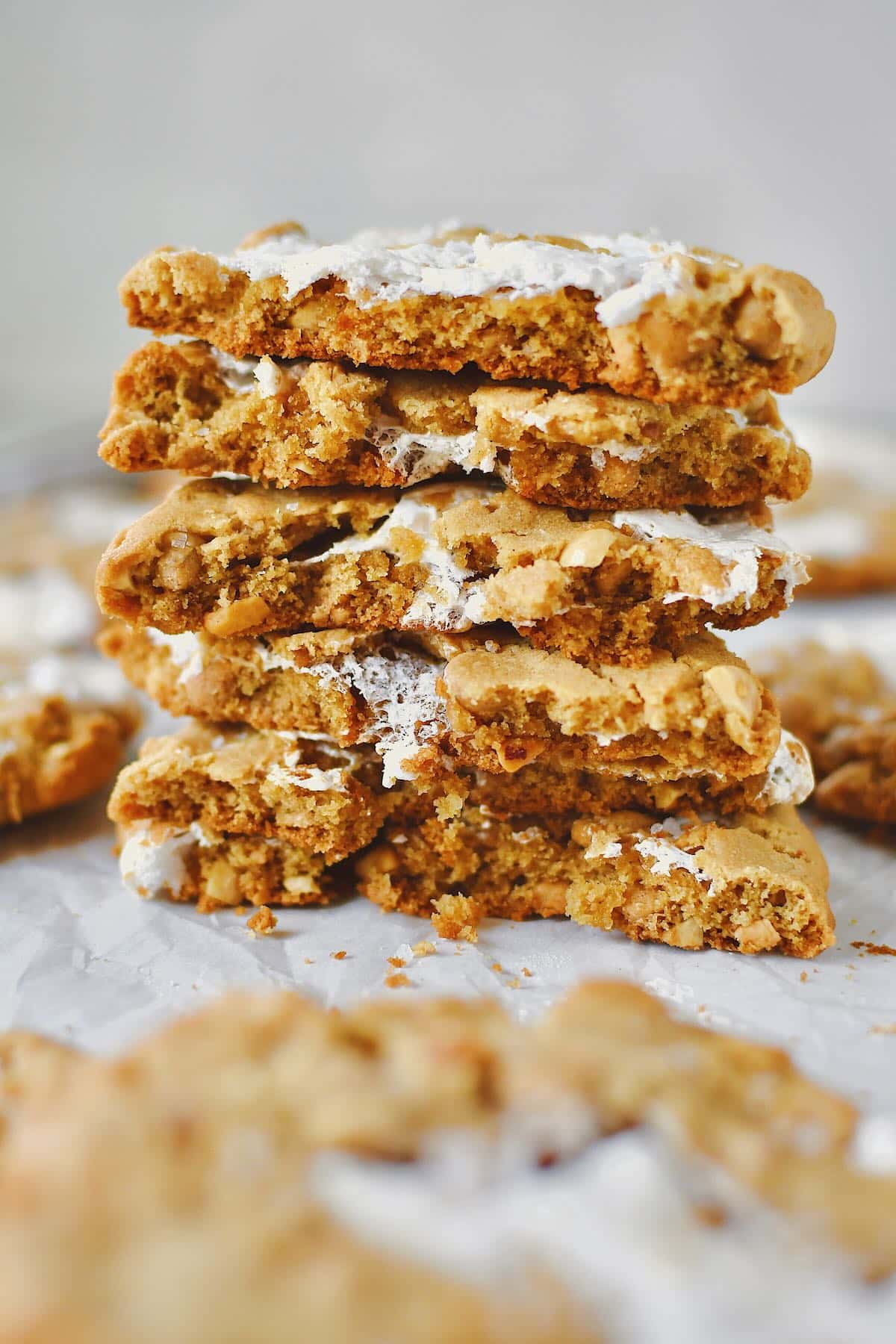 Fluffernutter Cookies fresh from the oven, topped with some flakey salt and ready to eat!