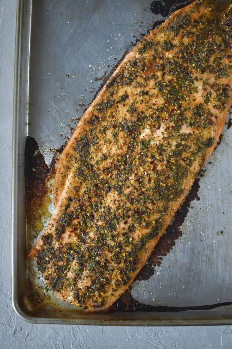 Seasoned salmon just out of the oven.