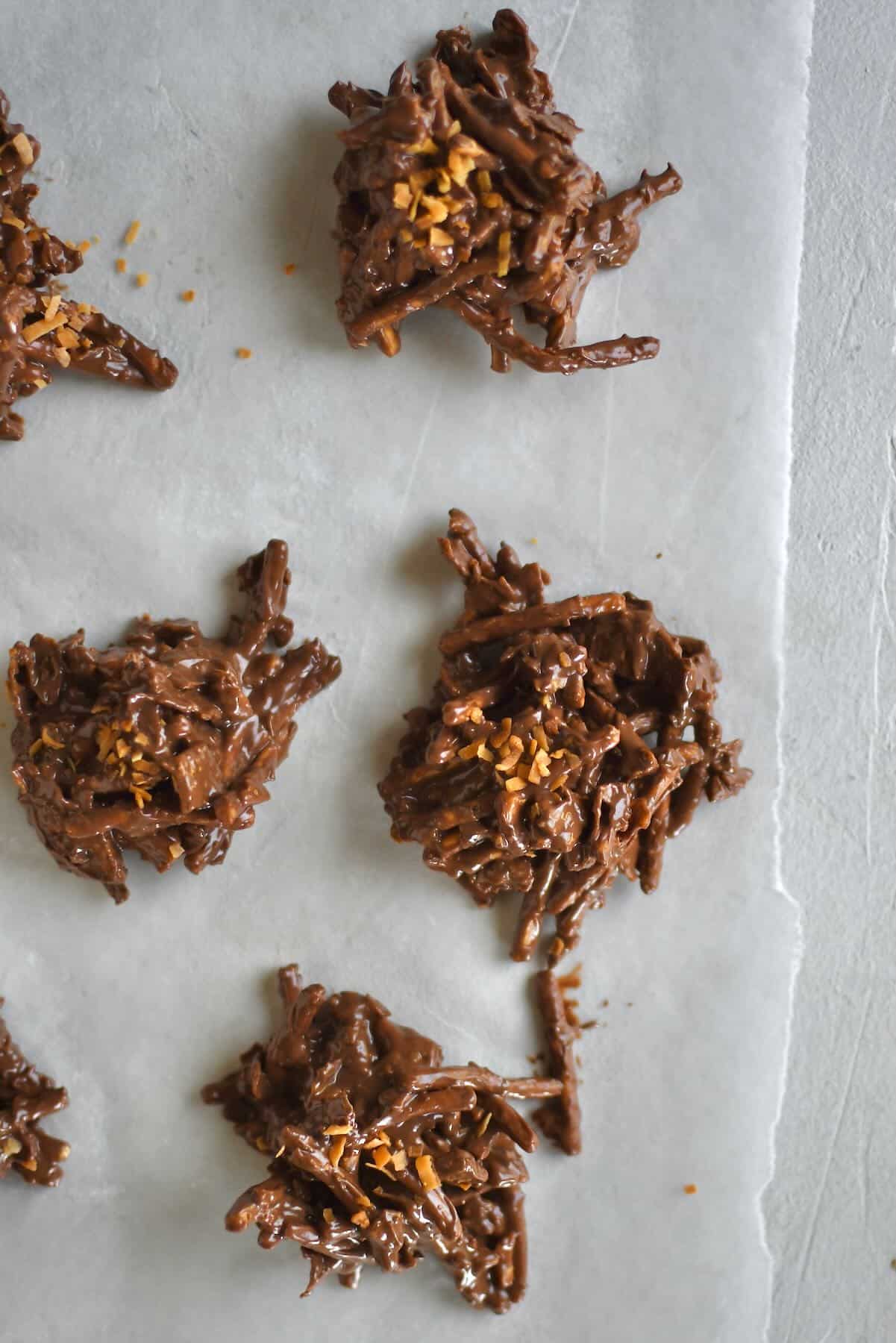 Haystack Cookies drying on a piece of wax paper.