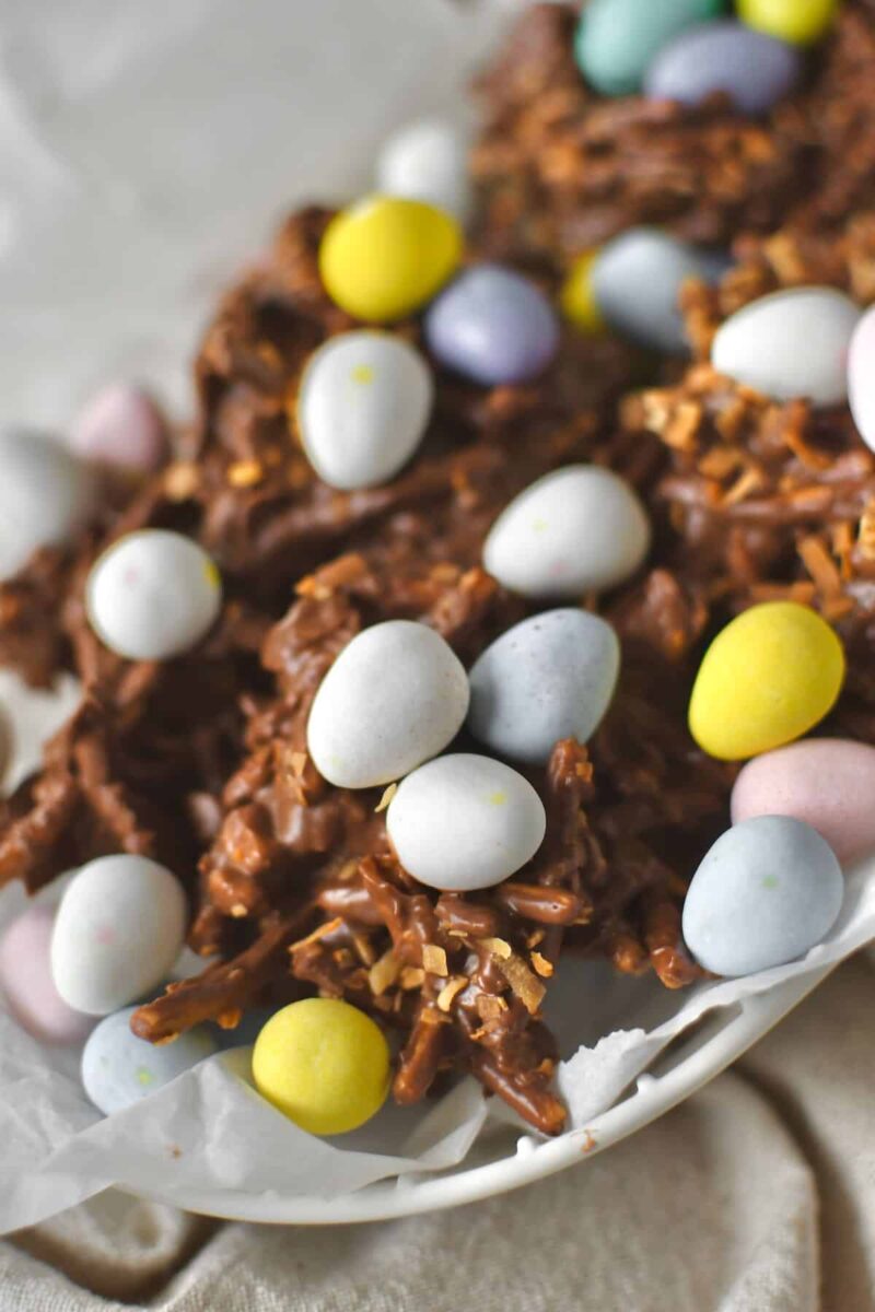 Haystack Cookies topped with egg shaped candies for easter.