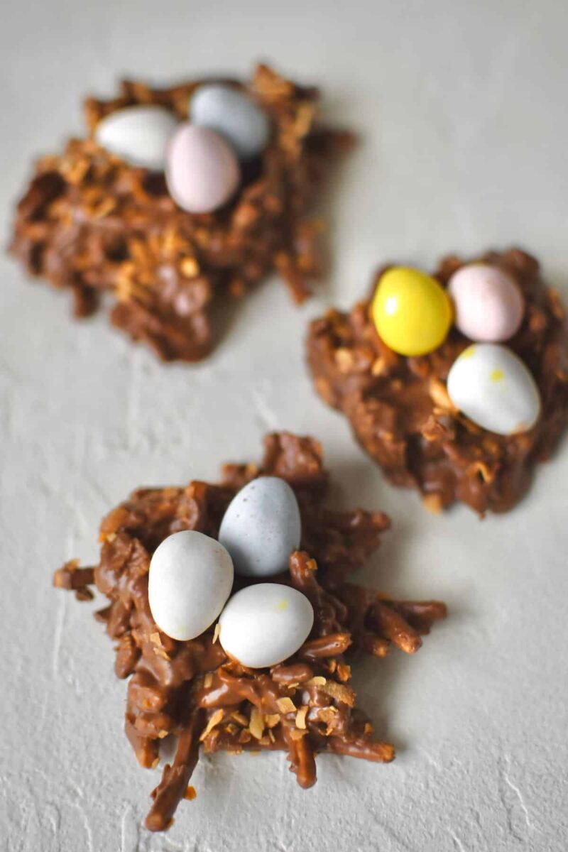 Haystack Cookies topped with egg shaped candies for easter.