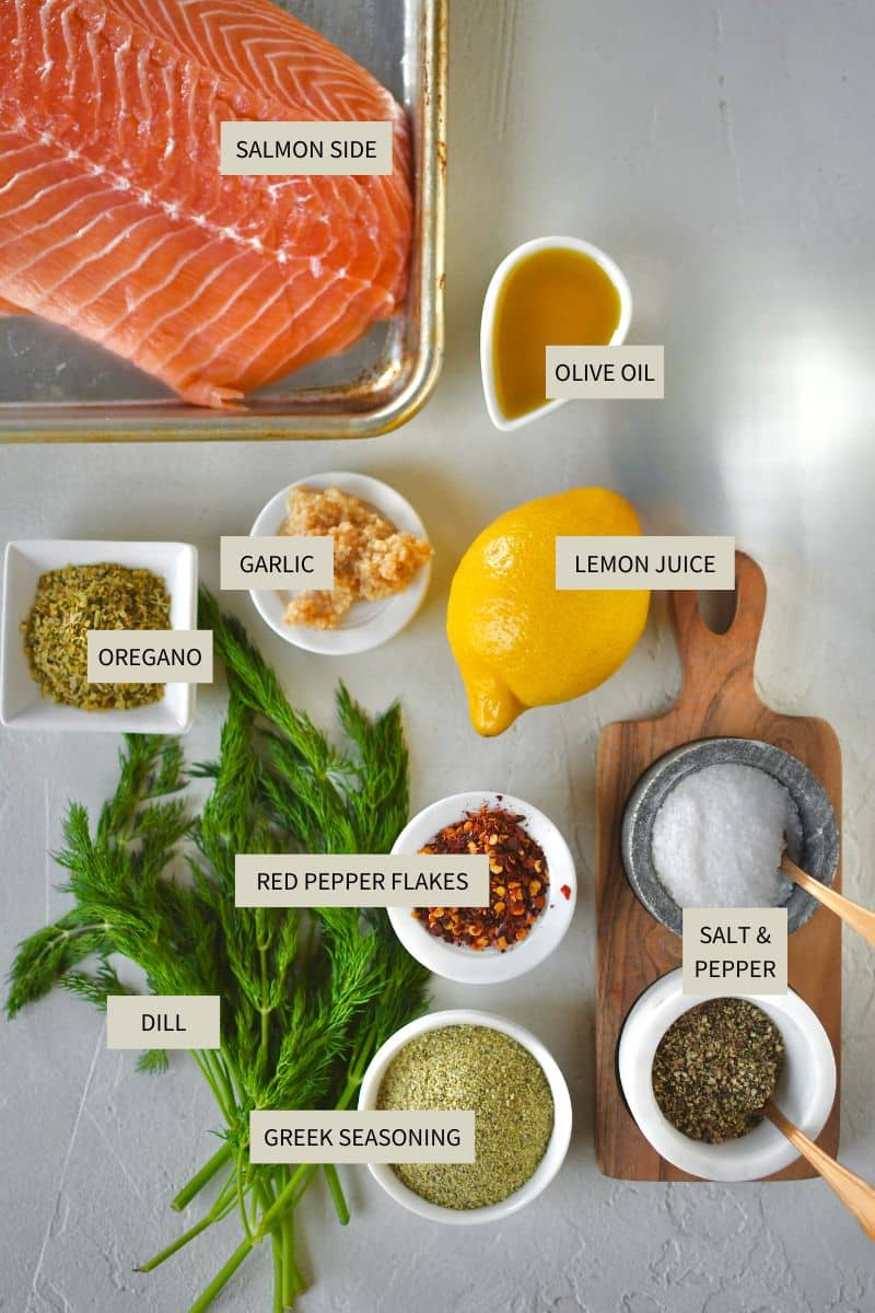 Ingredients needed to make Greek Salmon.