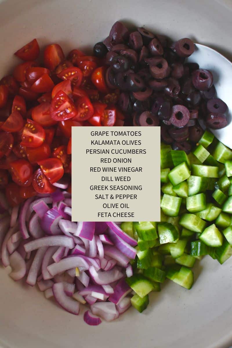 Ingredients needed to make Greek Salmon salad topping.