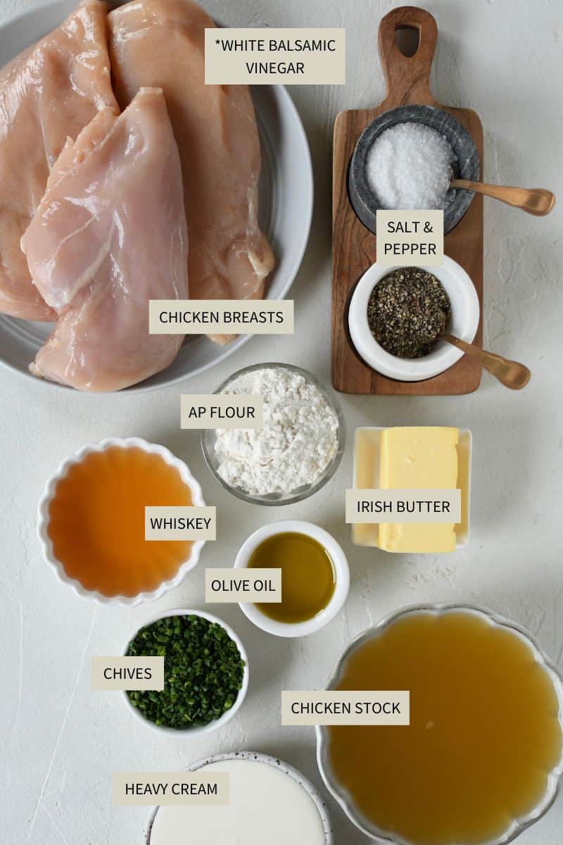 Ingredients needed to make Irish Chicken in Whiskey Cream Sauce.