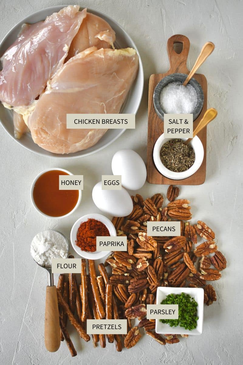 Ingredients needed to make Pecan Crusted Chicken.