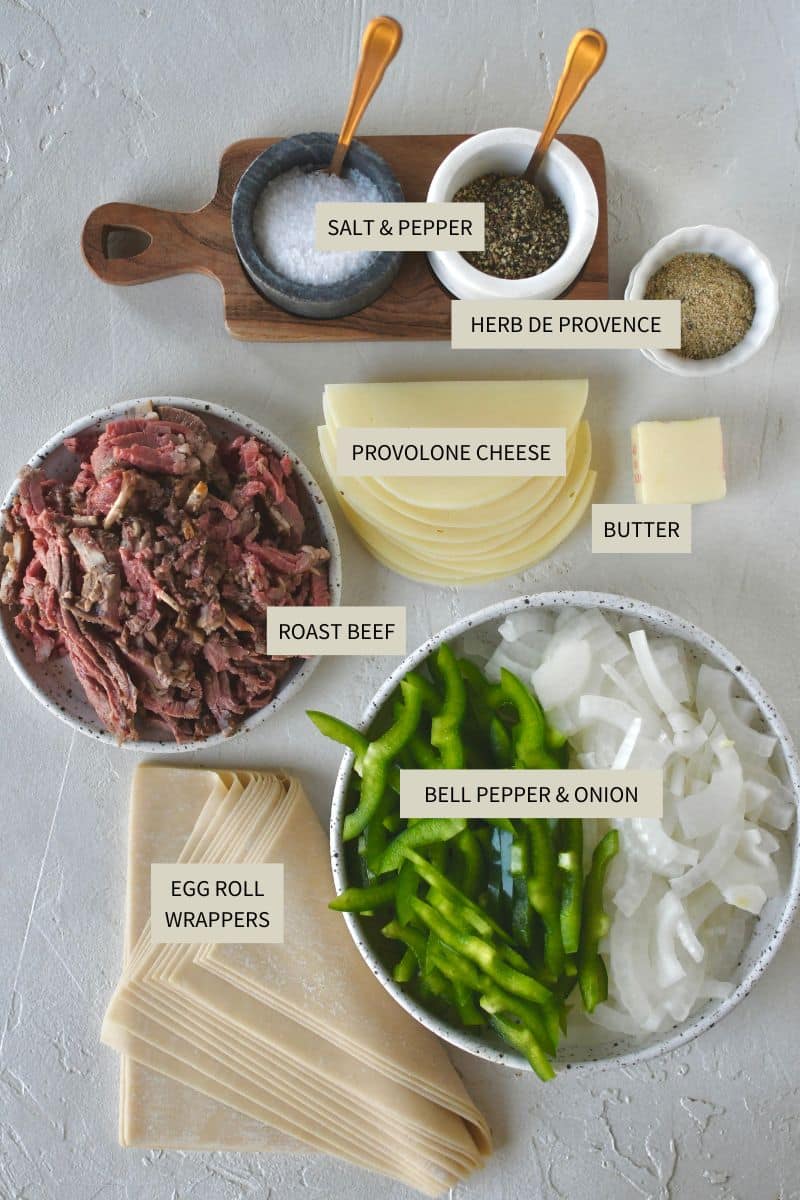 Ingredients needed to make Philly Cheesesteak Egg Rolls.