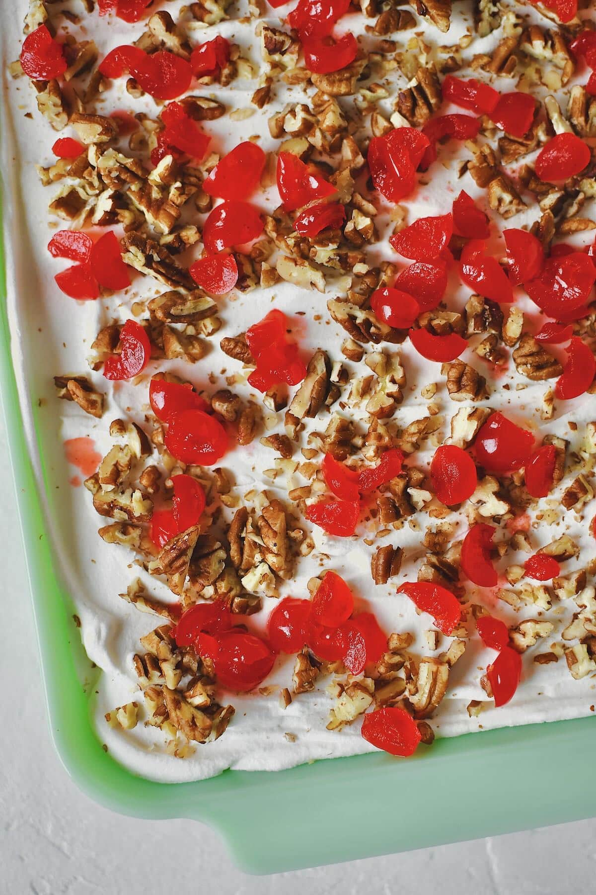 Finished Banana Split Cake in the baking dish, after chilling and ready to eat.