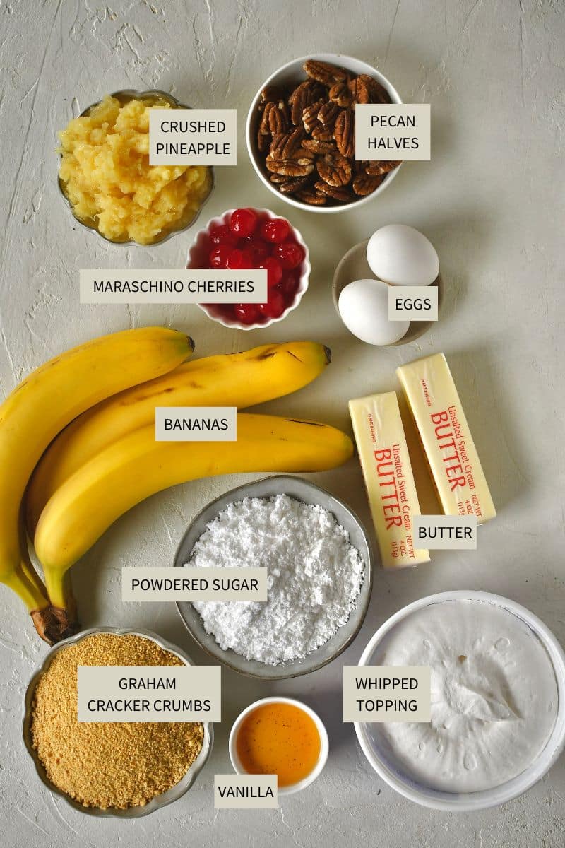 Ingredients needed to make Banana Split Cake.