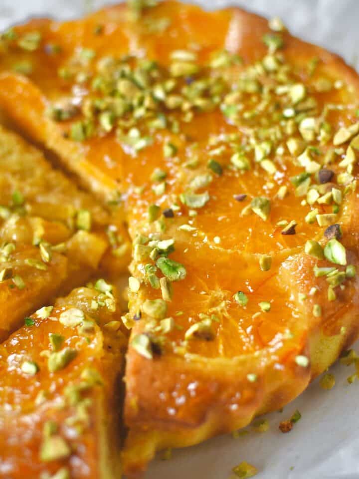 Finished Tangerine Cake, being cut up and ready to be dished out to eat.