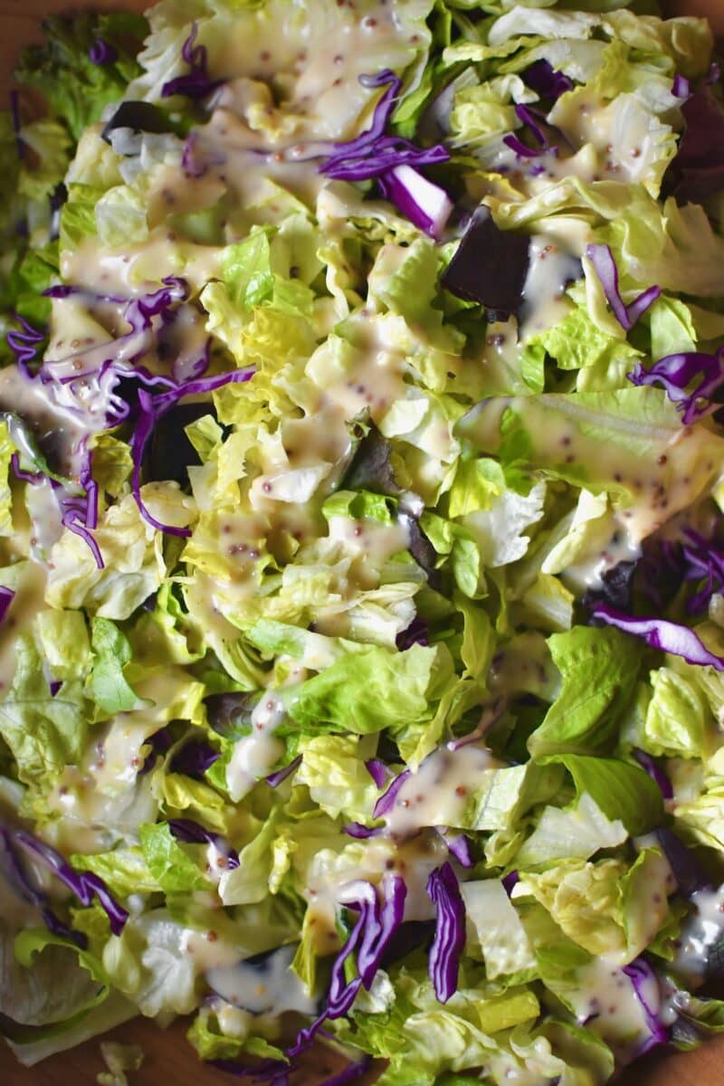 First stage of making the salad, mixing the chopped greens with a little bit of dressing.