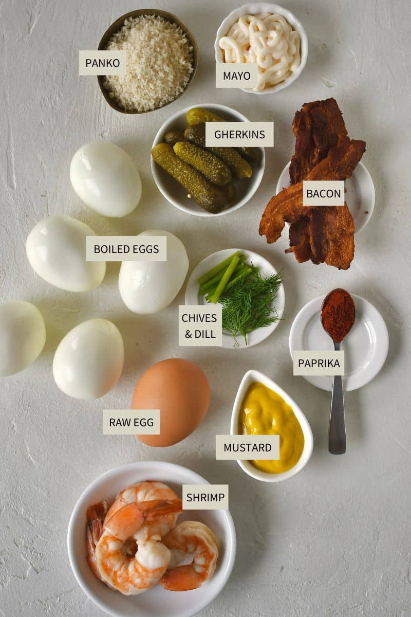 Ingredients needed to make Deep Fried Deviled Eggs.