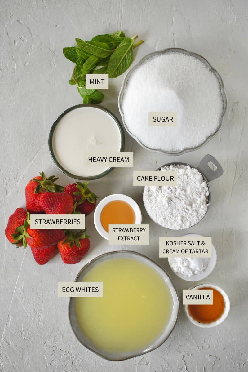 Ingredients needed to make Strawberry Angel Food Cake.
