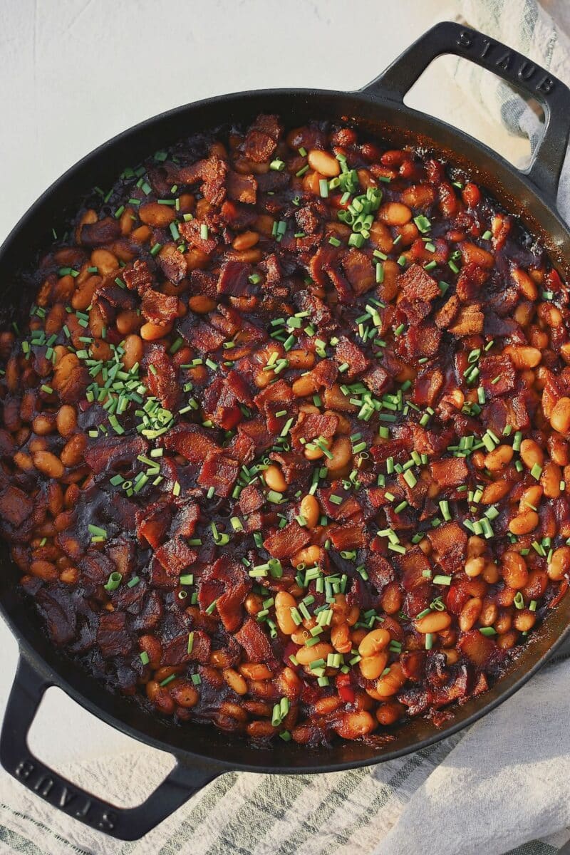 Dr. Pepper Baked Beans, just out of the oven and topped with chives.