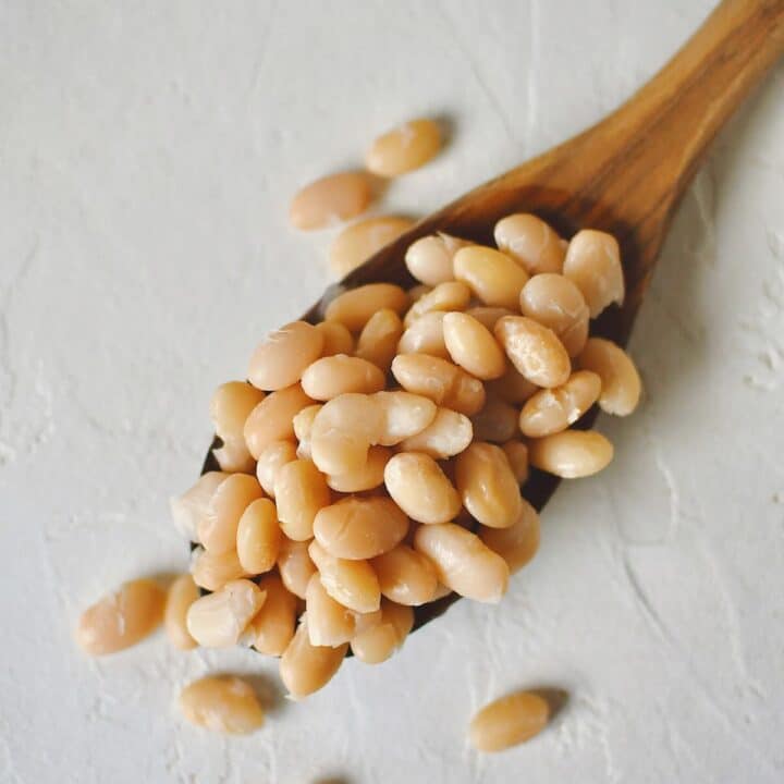 Instant Pot Beans in a spoon laying on the counter with some scattered around.
