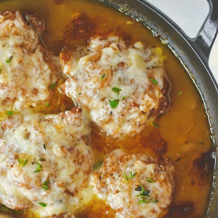 French Onion Chicken ready to eat covered in melty cheese.