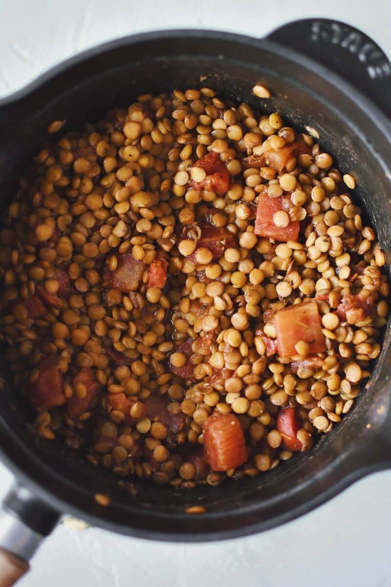 Green lentils cooked in a can of diced tomatoes.