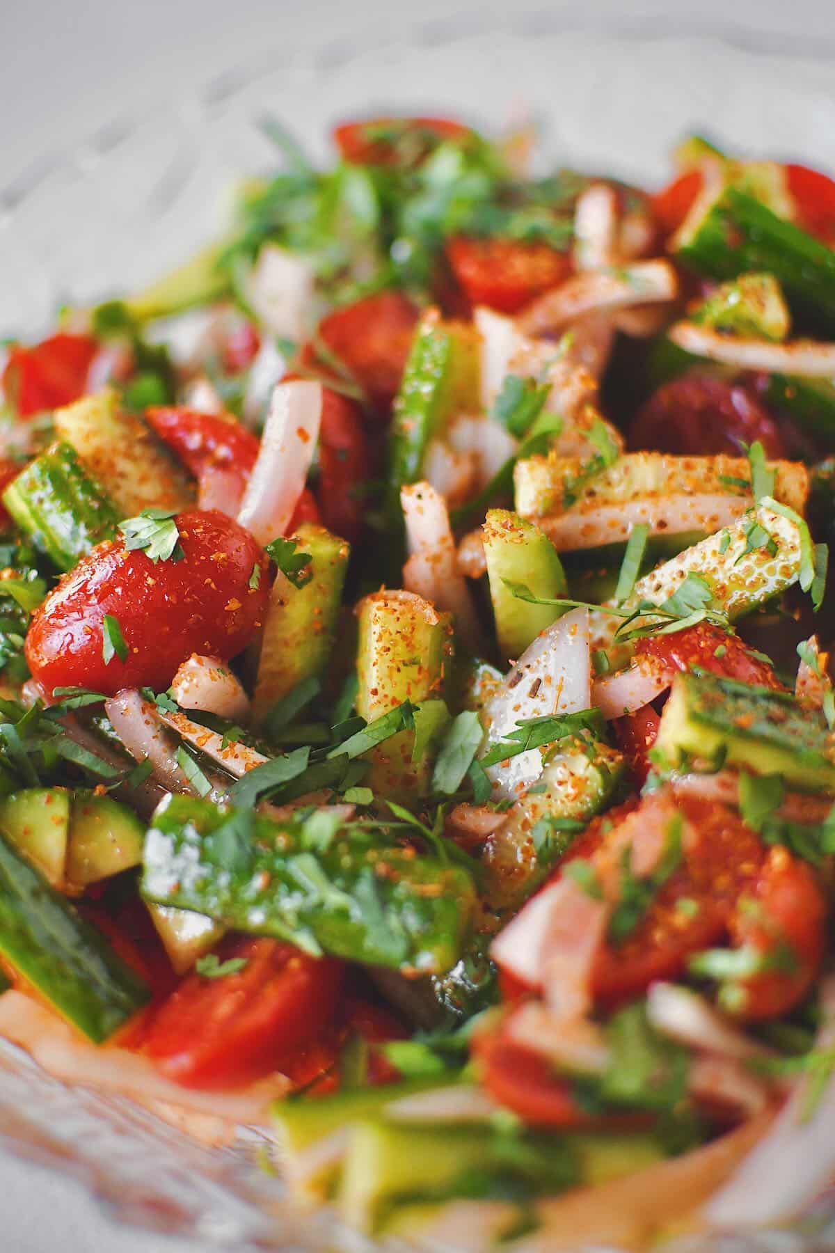 Finished Cucumber, Tomato, and Onion Salad marinated and ready to eat.