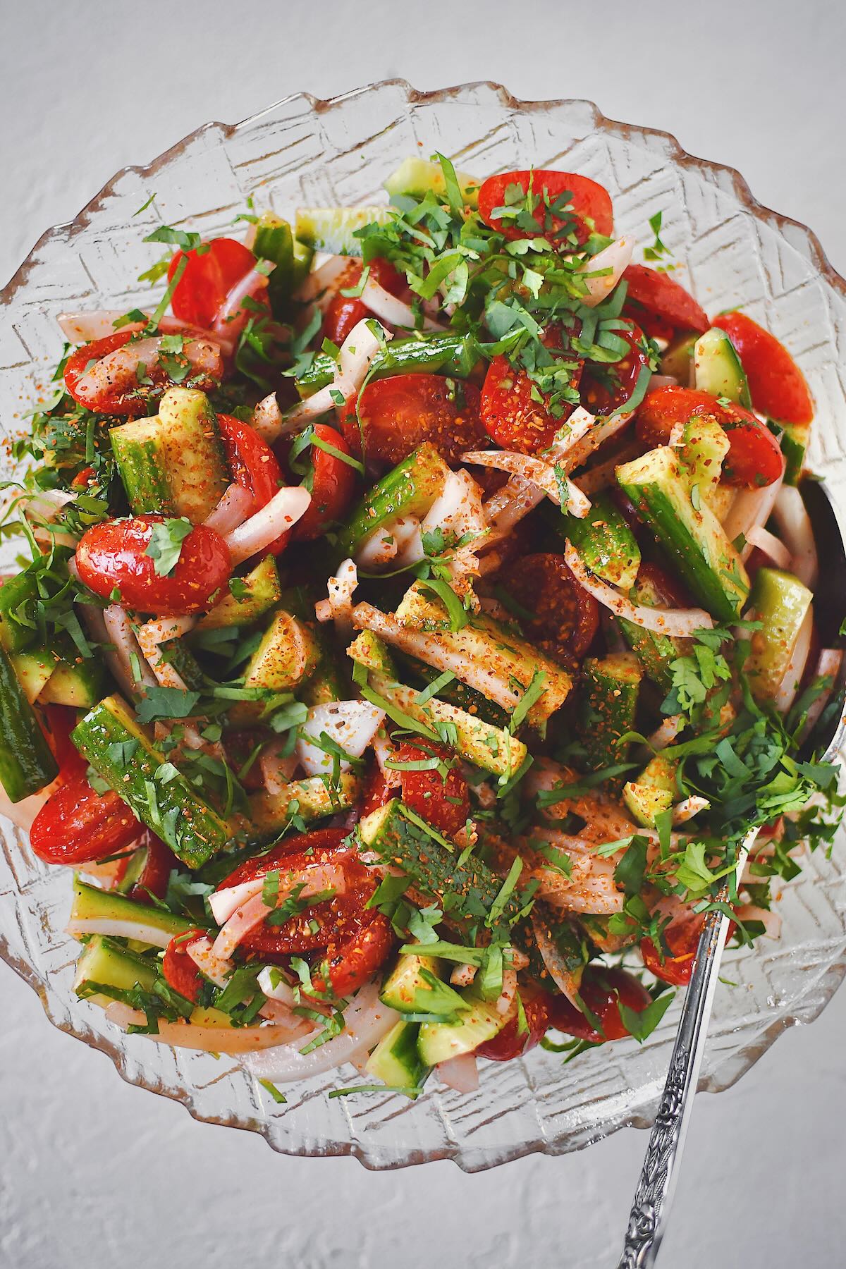 Finished Cucumber, Tomato, and Onion Salad marinated and ready to eat.