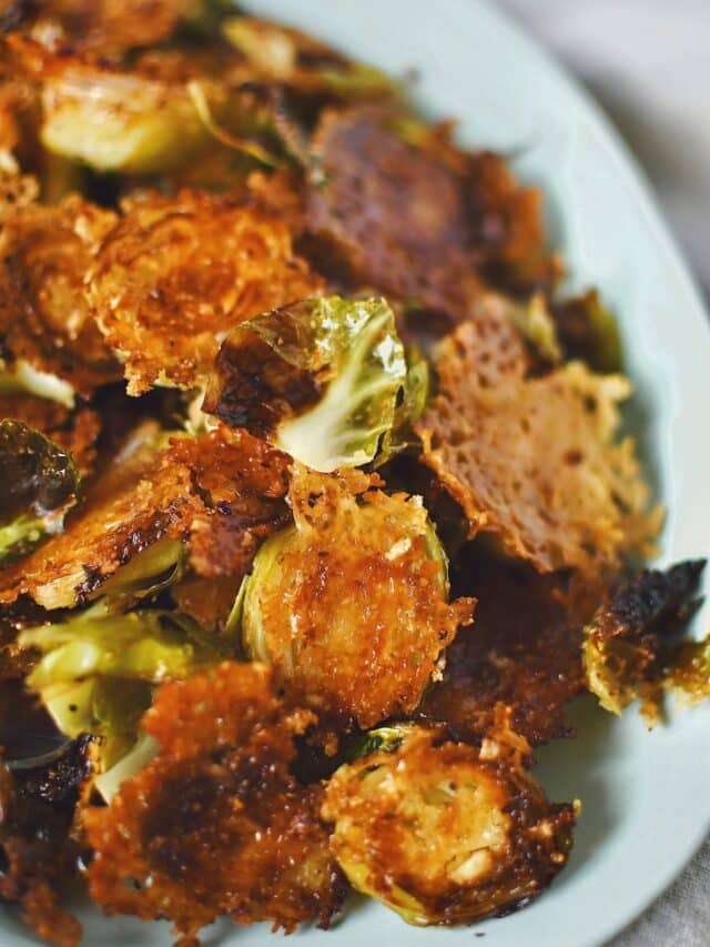 Parmesan Brussels Sprouts after cooking with the crisped cheese stuck to them, ready to eat!