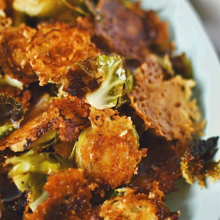 Parmesan Brussels Sprouts after cooking with the crisped cheese stuck to them, ready to eat!