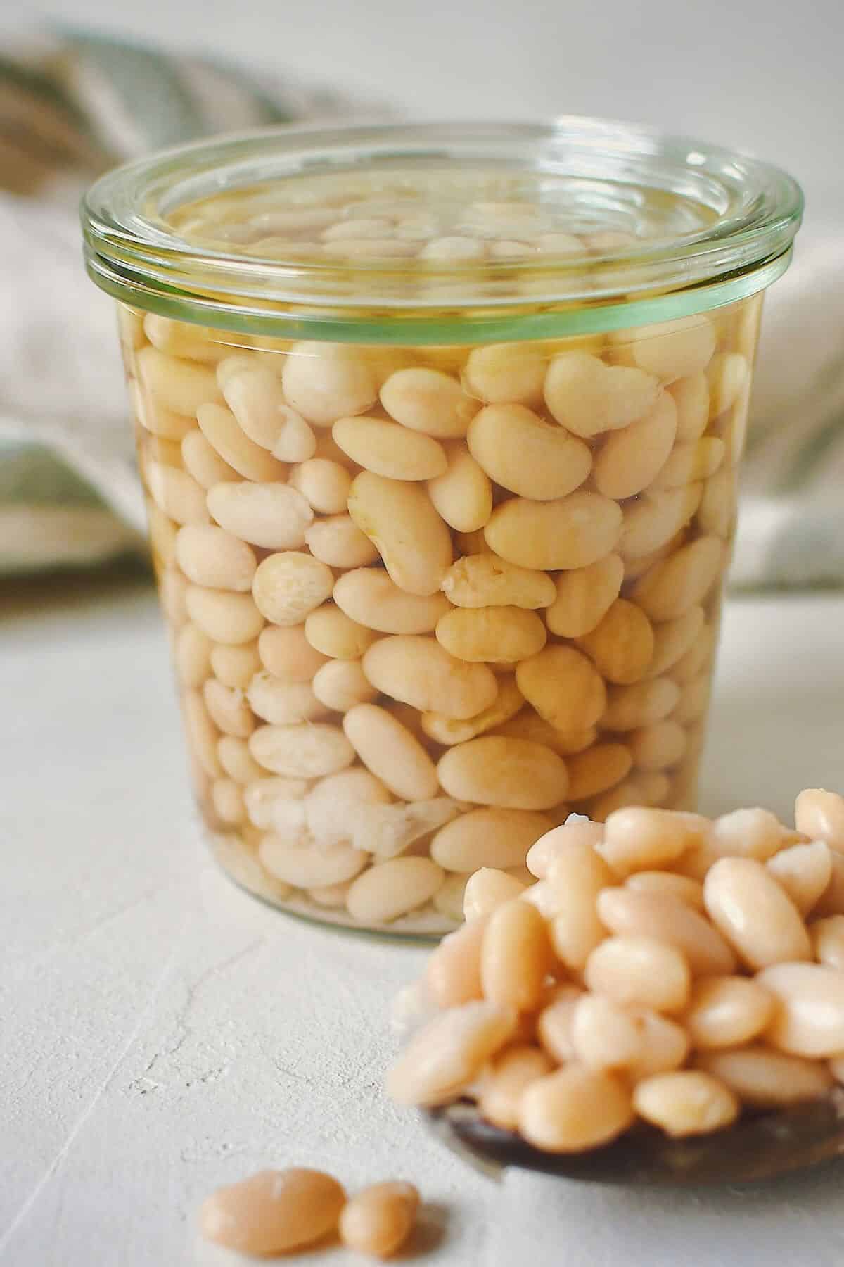 Cooked beans, stored in a glass jar for later use. some laying in a spoon on the table on the side of the jar.