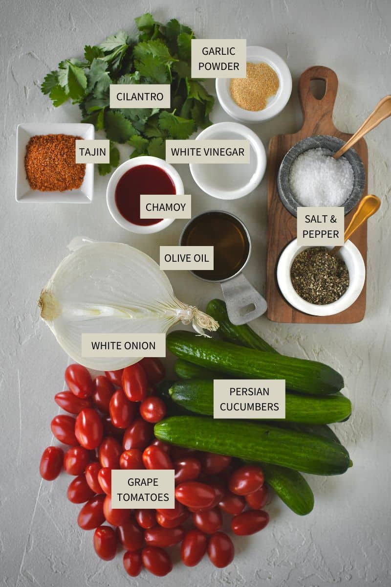 Ingredients needed to make Cucumber, Tomato, and Onion Salad.