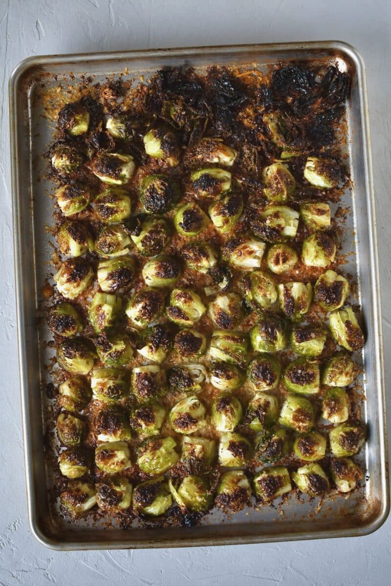 Fully cooked sprouts just out of the oven.