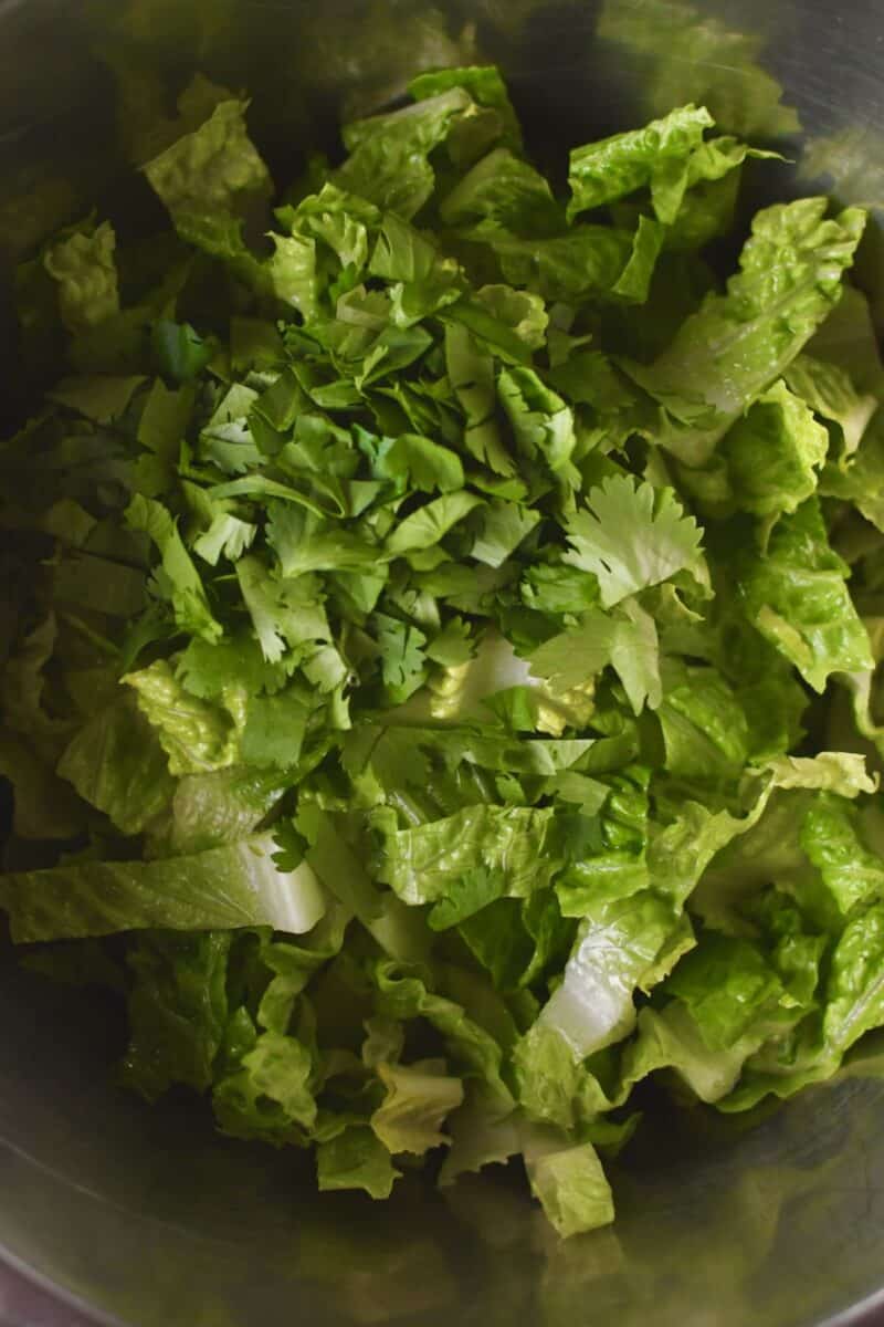 Romaine and cilantro place in a large bowl.