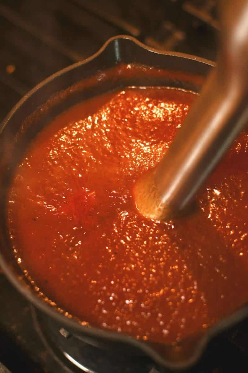 Using an immersion blender to puree the cherries, peppers, and onion to make a smooth sauce. The sauce is now smooth.