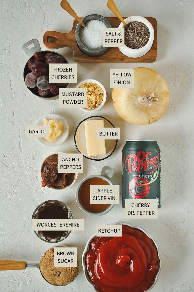 Ingredients needed to make Dr. Pepper BBQ Sauce.