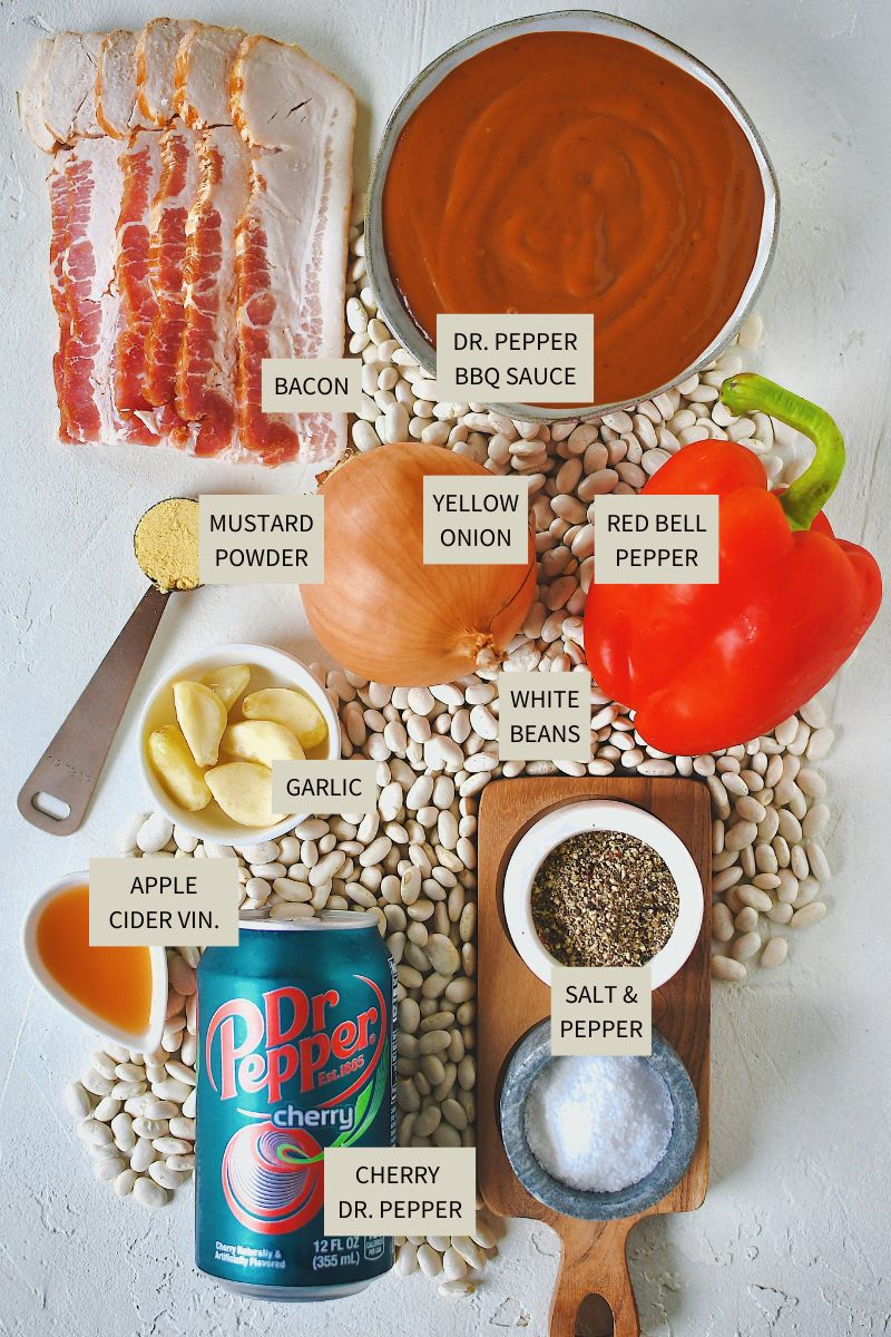 Ingredients needed to make Dr. Pepper Baked Beans.