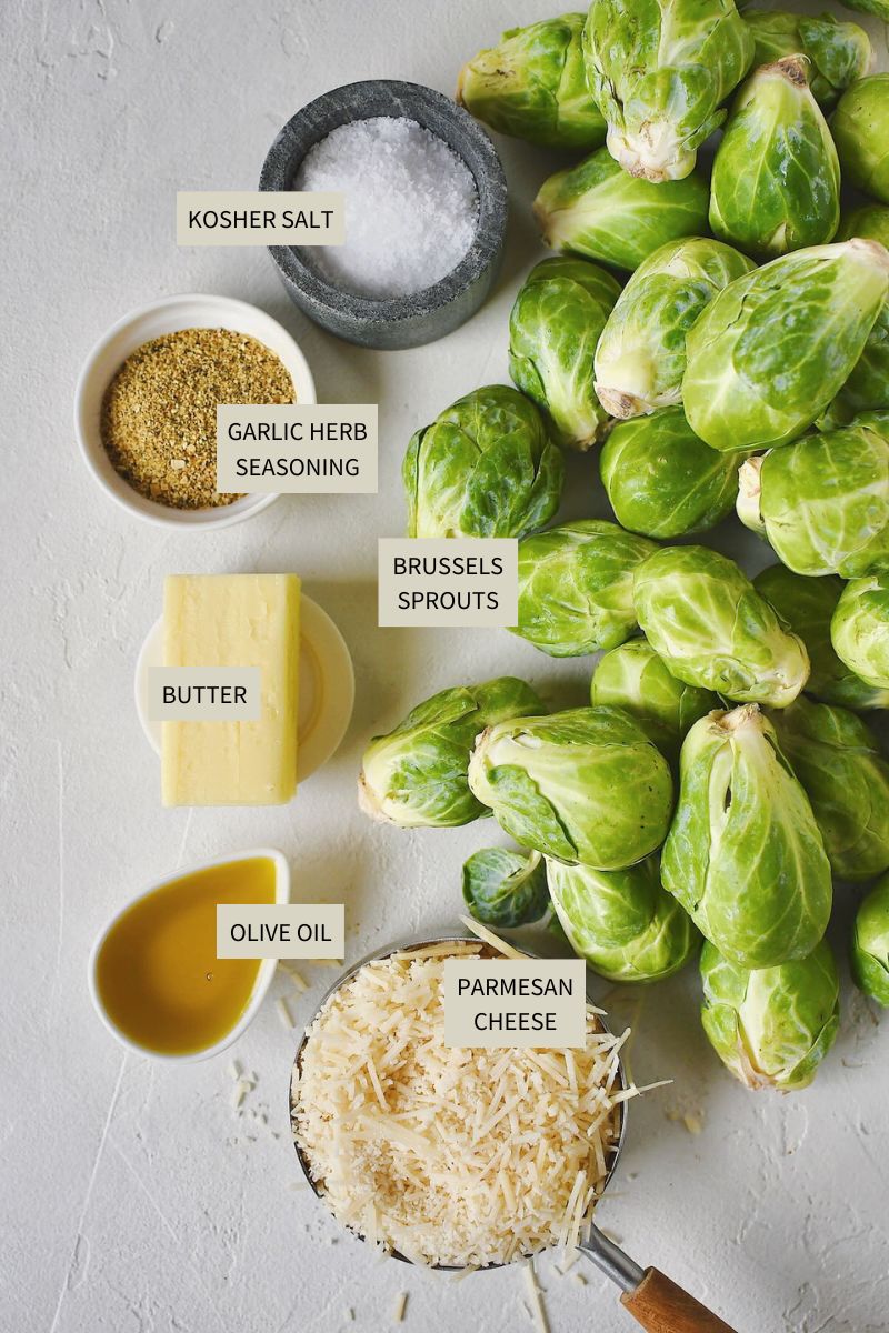 Ingredients needed to make Parmesan Brussels Sprouts.