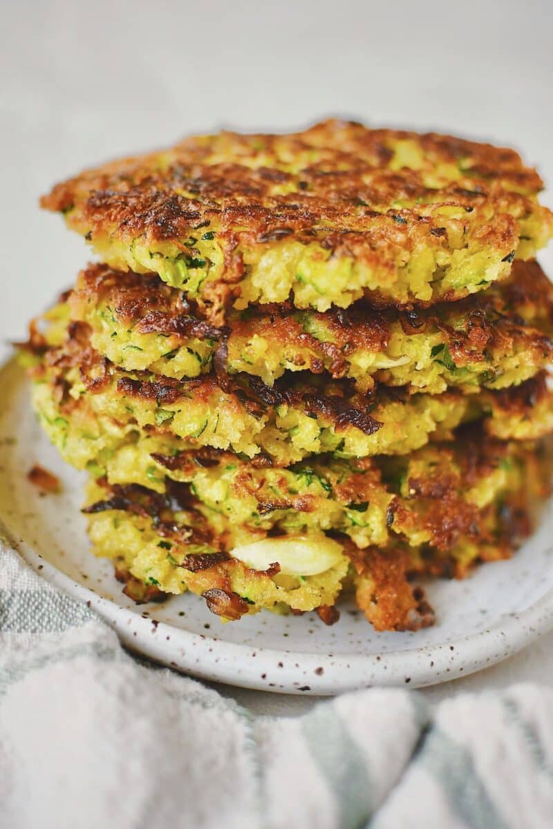 A stack of Zucchini Fritters after cooking and ready to be eaten.