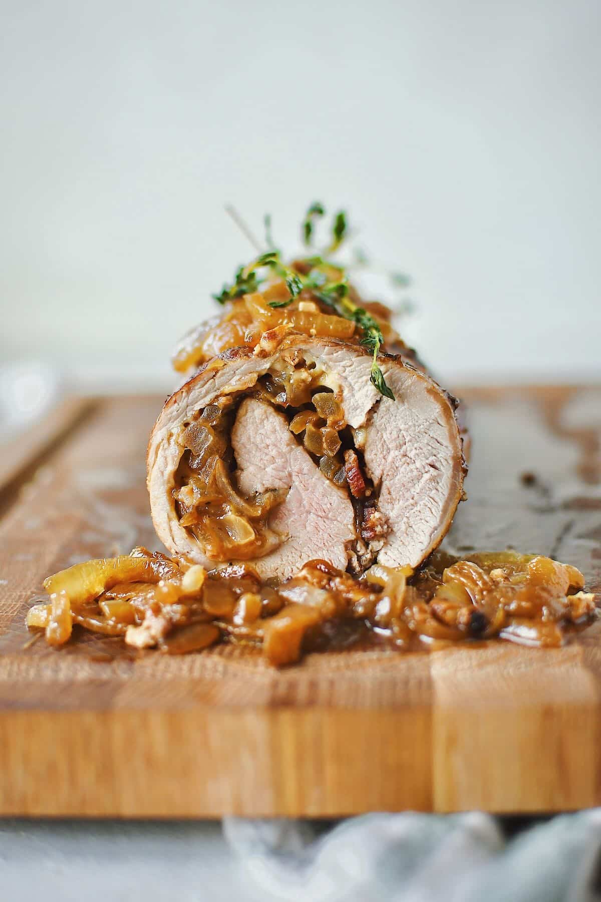 Stuffed Pork Tenderloin sliced and ready to eat.