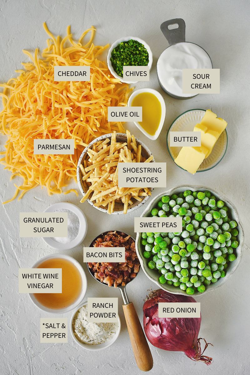 Ingredients needed to make Bacon Pea Salad.