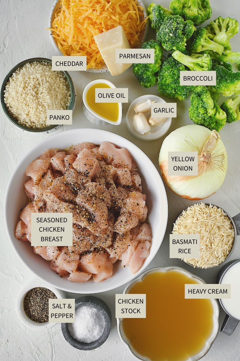 Ingredients needed to make Chicken and Broccoli Rice Casserole.