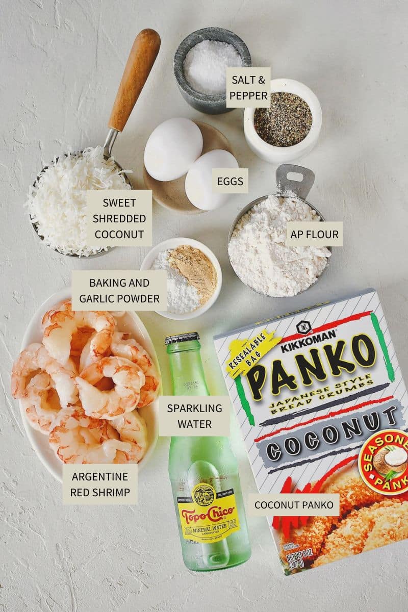 Ingredients needed to make Coconut Shrimp.