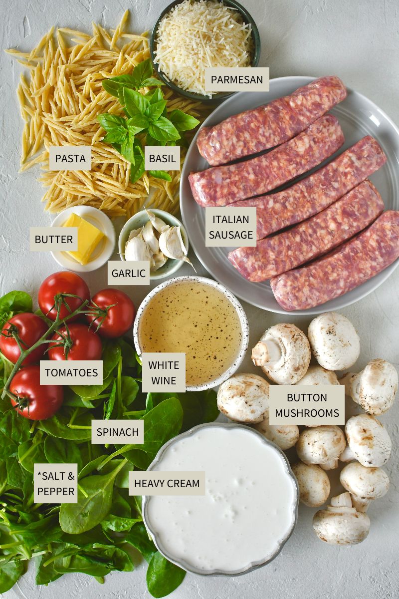 Ingredients needed to make Creamy Sausage Pasta.