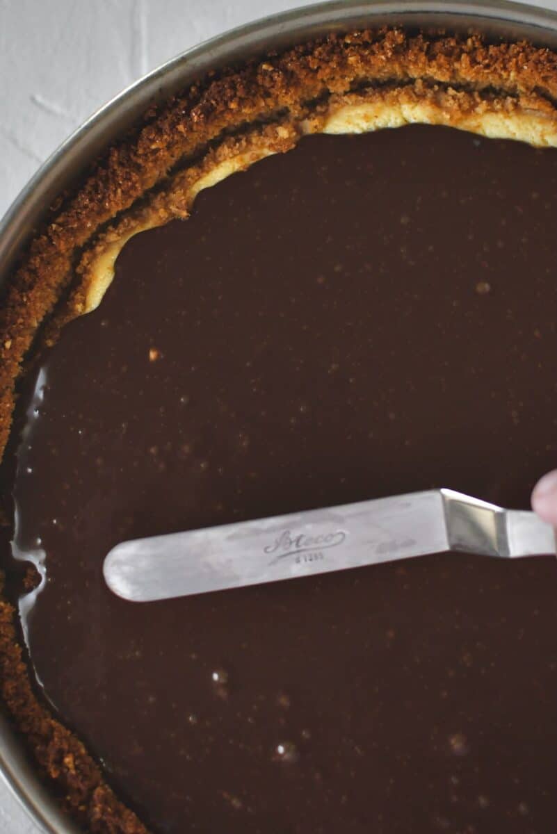 Spreading the nutella ganache over the top of the baked and cooled cheesecake.