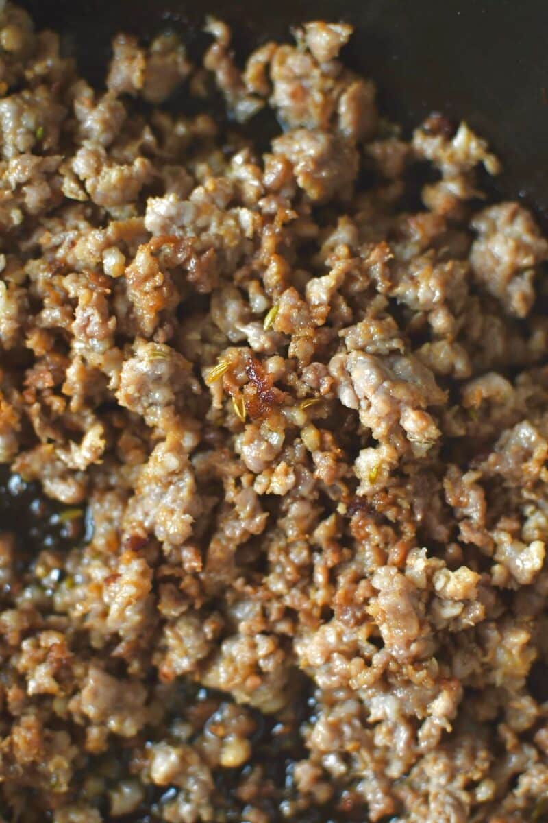 Italian Sausage browned in a large skillet.