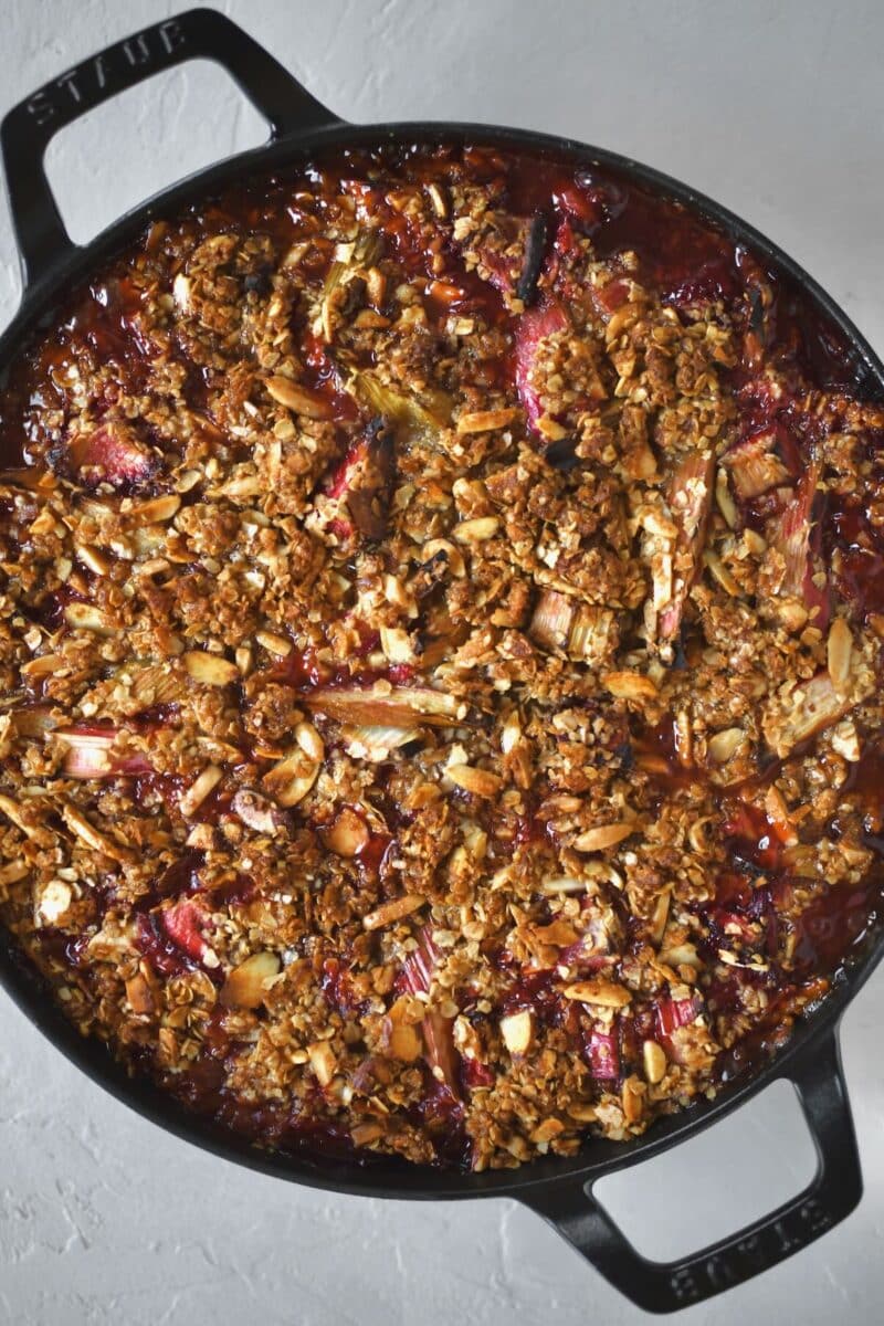 Strawberry Rhubarb Crisp just out of the oven, with bubbling edges.