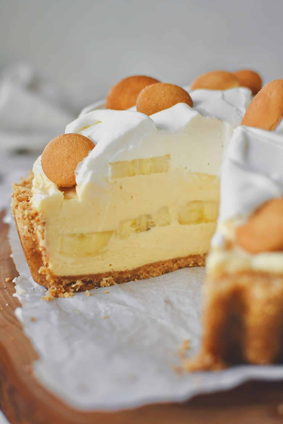 Sliced Banana Pudding Pie ready to be eaten.