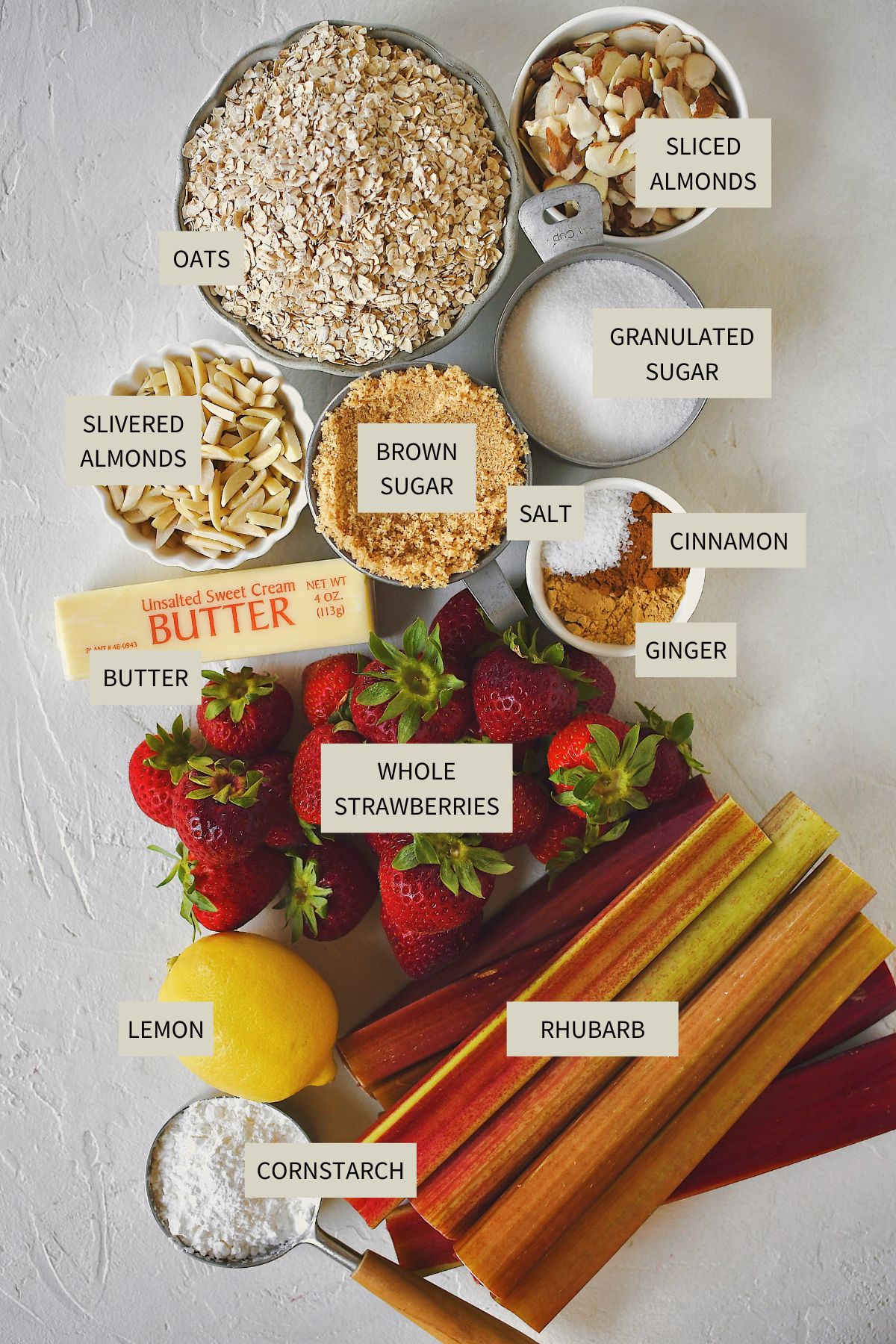 Ingredients needed to make Strawberry Rhubarb Crisp.