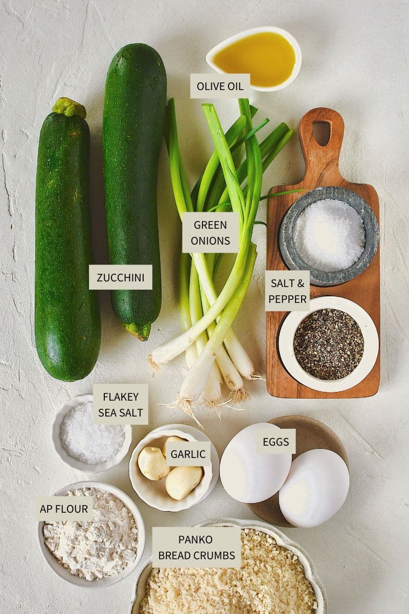 Ingredients needed to make Zucchini Fritters.